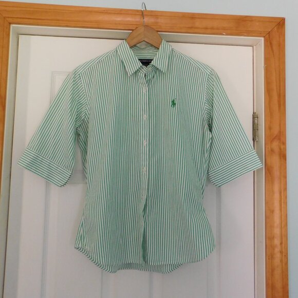 Ralph Lauren Sport Button Down Short Sleeve Women 12 Cotton Green Stripes - Picture 1 of 8